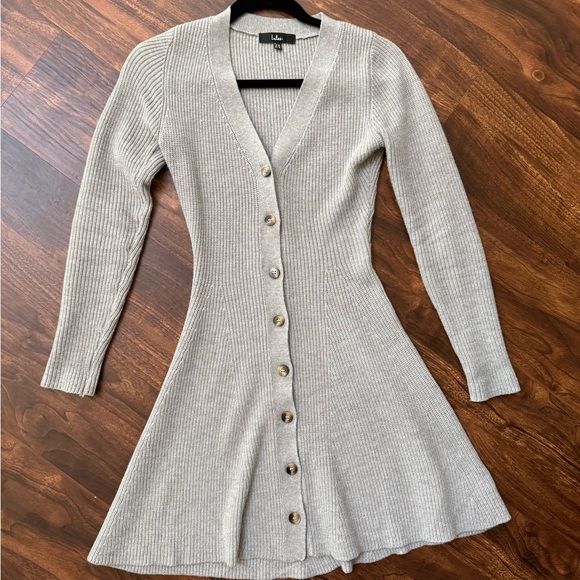 Lulu's Gray Ribbed Button-Front Sweater Dress - Picture 6 of 8